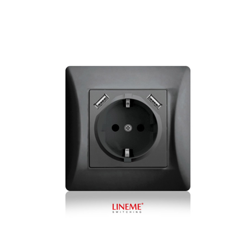 Πρίζα σούκο χωνευτή τοίχου με 2 θύρες USB 5.1VDC/2.1A Lineme Μαύρη 50-00133-2