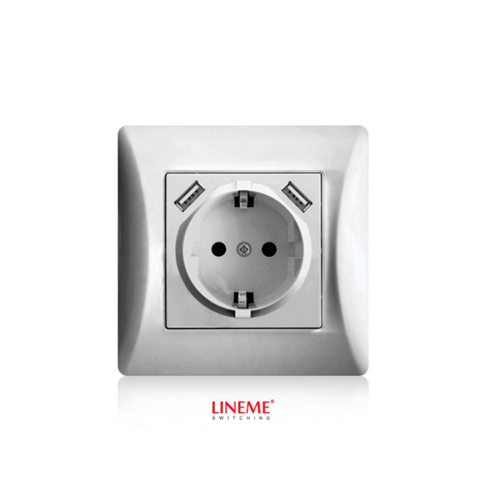 Πρίζα σούκο χωνευτή τοίχου με 2 θύρες USB 5.1VDC/2.1A Lineme Ασημί 50-00133-5