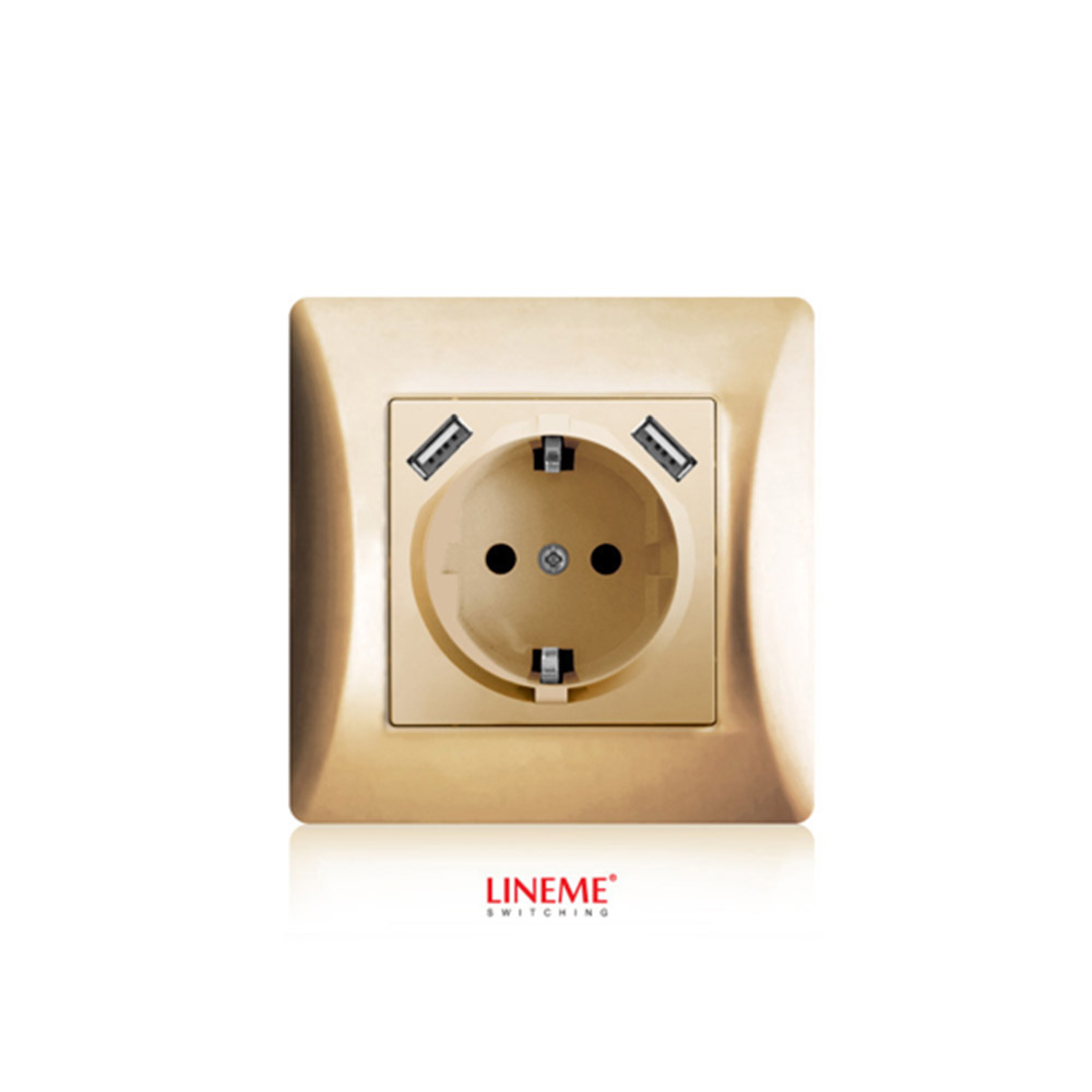 Πρίζα σούκο χωνευτή τοίχου με 2 θύρες USB 5.1VDC/2.1A Lineme Χρυσό 50-00133-9