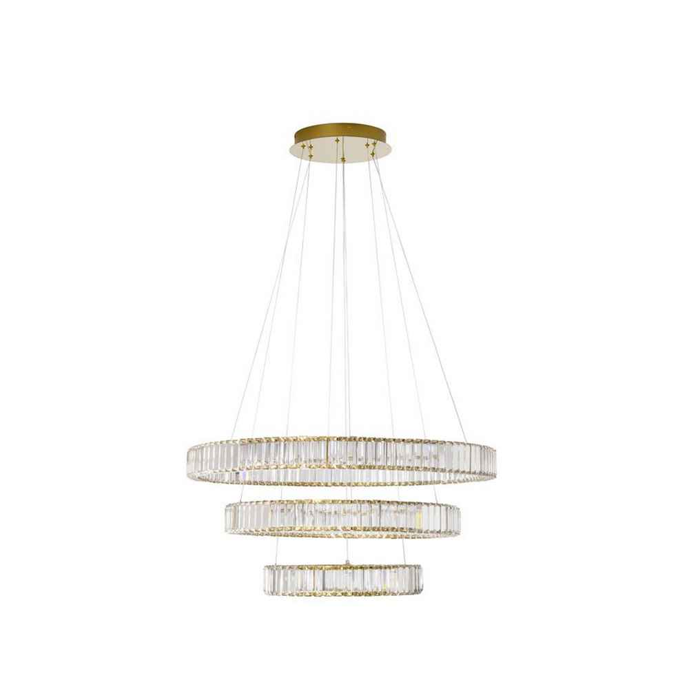 Gold Metal & Crystal LED 92W 230 Volt 7670Lm 3500K IP20 Class I D1:80 D2:60 D3:40 H:150 cm NOVALUCE